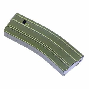 Guntec USA AR-15 30-round green anodized aluminum magazine with anti-tilt follower.