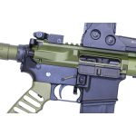 Close-up of AR-15 with anti-rotation green anodized trigger pin set.