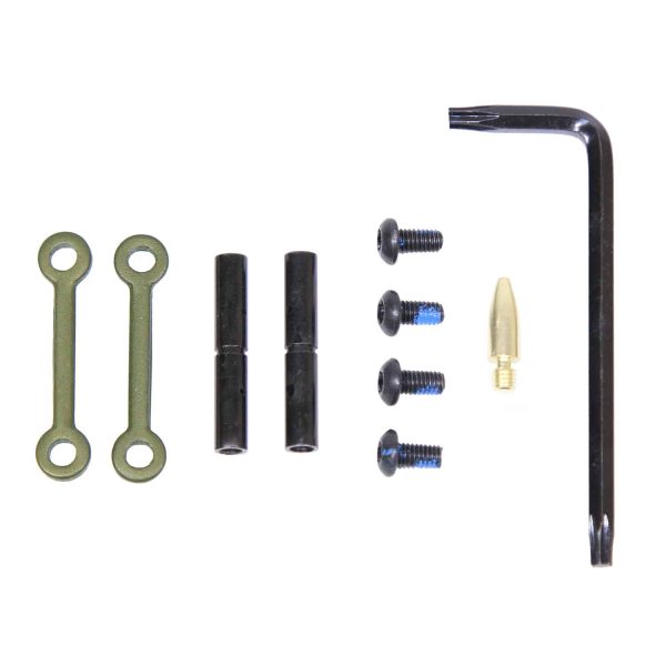 AR-15 anti-rotation pin set with green anodized finish and assembly tools.