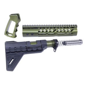 AR-15 Ultra Pistol Furniture Set in Anodized Green with accessories.