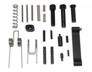AR-15 lower parts kit assembly components displayed on white.