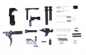 Disassembled AR-308 lower parts kit layout on white background.