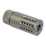 Guntec USA AR-15 green anodized muzzle brake with vent holes and knurled grip for recoil control.