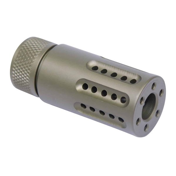 Guntec USA AR-15 green anodized muzzle brake with vent holes and knurled grip for recoil control.