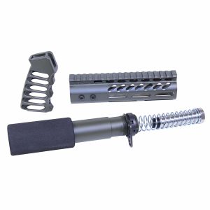 AR-15 pistol accessories set in OD Green featuring rail, grip, and buffer tube.