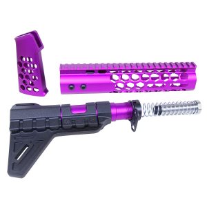 AR-15 honeycomb pistol furniture in anodized purple with buffer tube and handguard.