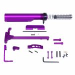 Purple AR-15 Essentials Kit featuring buffer tube, charging handle, and assembly tools.