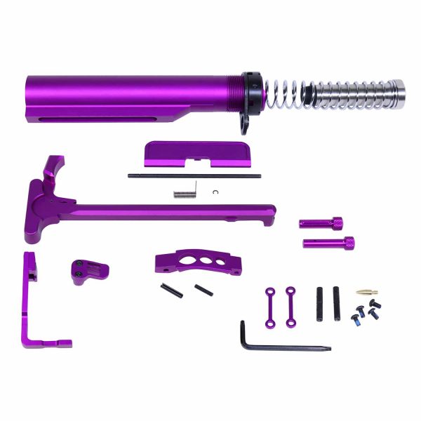 Purple AR-15 Essentials Kit featuring buffer tube, charging handle, and assembly tools.