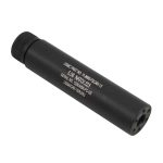 Matte black AR-15 suppressor with threaded ends for sound and flash reduction.
