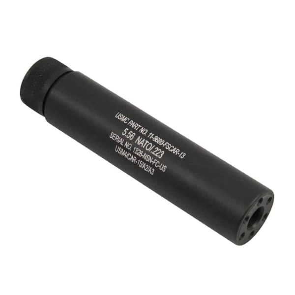 Matte black AR-15 suppressor with threaded ends for sound and flash reduction.