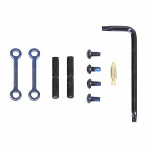 AR-15 anti-rotation pin set with screws and Allen wrench on white background.