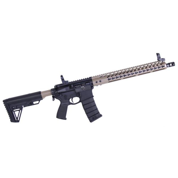 AR-15 with two-tone receiver, M-LOK handguard, and tactical grip.