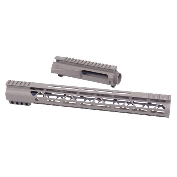 AR-15 billet upper receiver and 15-inch M-LOK handguard set in flat dark earth.