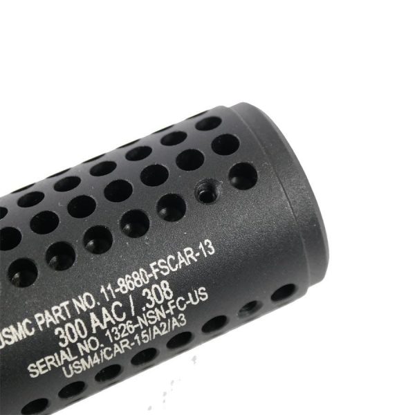 Close-up of AR .308 SOCOM Mini Fake Suppressor, matte black with precise perforations.