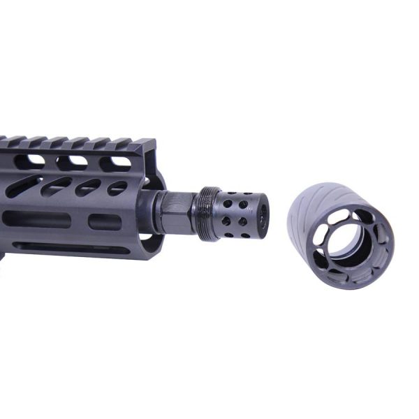 Guntec USA AR 9mm Spitfire Muzzle Comp with QD Blast Shield, modern firearm components.