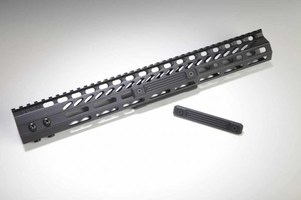 Guntec USA modern AR handguard with KeyMod system on white background.