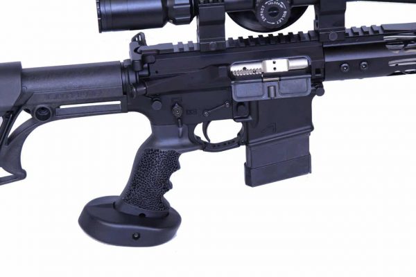 Close-up of AR Neoprene Rubber Adjustable Sniper Grip on tactical rifle.
