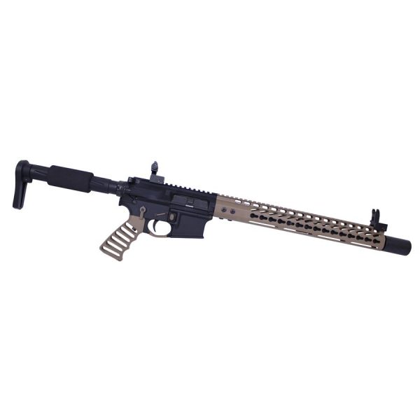 Custom AR-platform rifle with FDE handguard, ergonomic grip, and adjustable stock on white background.