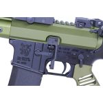 Close-up of AR rifle receiver in olive green and black, showcasing precision engineering.