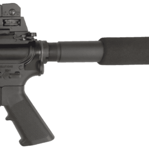 AR-style firearm with black suppressor and ergonomic grip, showcasing modular, tactical design.