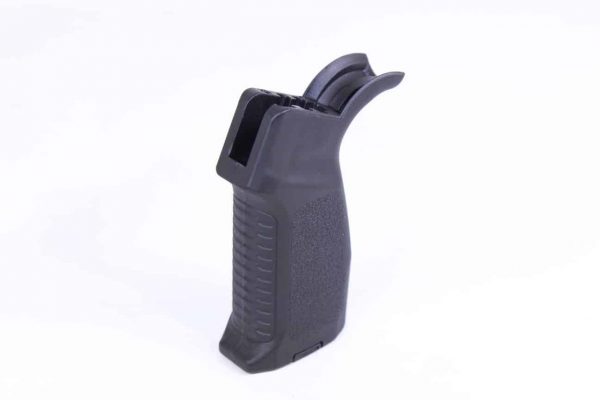 Matte black tactical AR-15 pistol grip with ergonomic design and textured polymer for enhanced control.