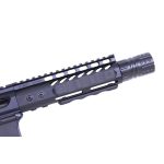 Close-up of AR-style rifle with M-LOK grip panels and Picatinny rail system.