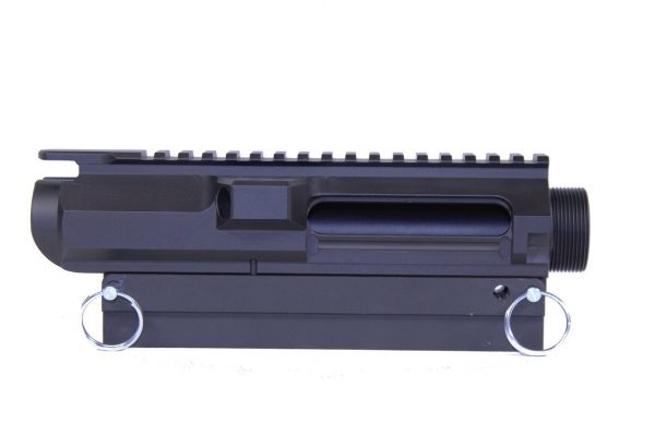 AR-style stripped upper receiver with Picatinny rail and matte black finish on white background.