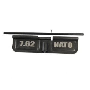 Close-up of AR-10 dust cover for 7.62 NATO, black with engraved markings.