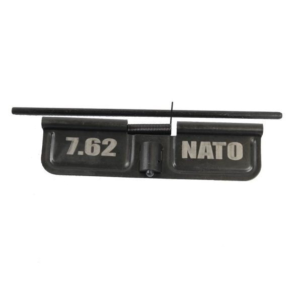 Close-up of AR-10 dust cover for 7.62 NATO, black with engraved markings.
