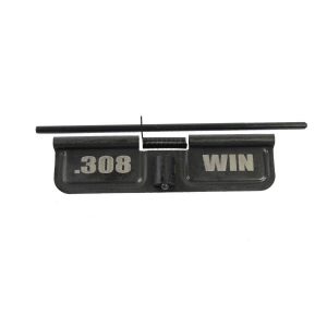 Black AR-10 ejection port cover engraved with .308 WIN for protection against debris.