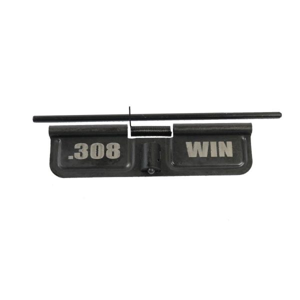 Black AR-10 ejection port cover engraved with .308 WIN for protection against debris.