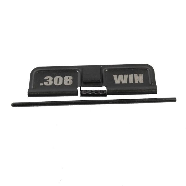 Black .308 Winchester dust cover for AR rifles with hinge and spring assembly.