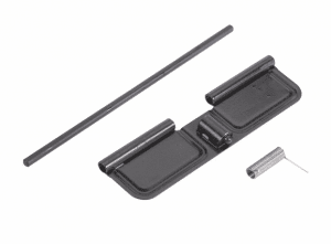 AR-15 dust cover assembly parts: metal cover, pin, and spring on white background.