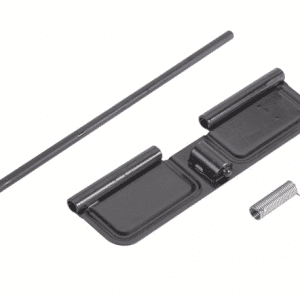 AR-15 dust cover assembly parts: metal cover, pin, and spring on white background.
