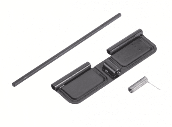 AR-15 dust cover assembly parts: metal cover, pin, and spring on white background.