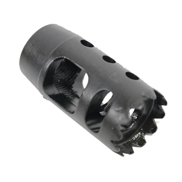 AR-10 LR-308 compatible Centurion muzzle brake in matte black finish with venting ports and jagged end.