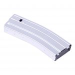 Silver anodized 30-round AR-15 magazine with ribbing and anti-tilt follower for 5.56 caliber.