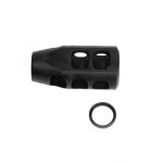 Black steel AR-15 compensator, 9mm/7.62x39 caliber, with multiple ports and crush washer.
