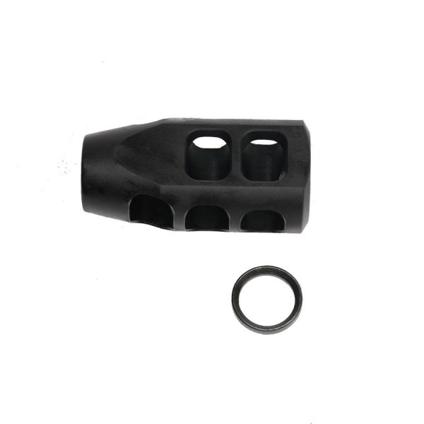 Black steel AR-15 compensator, 9mm/7.62x39 caliber, with multiple ports and crush washer.