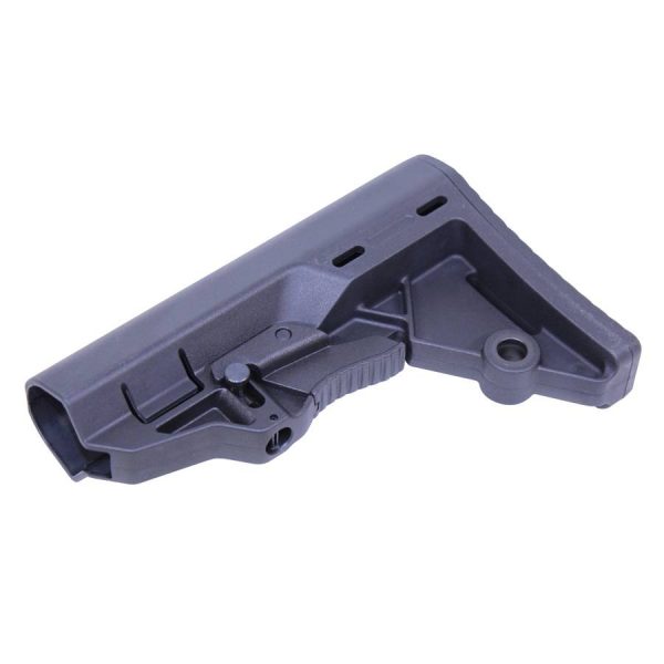 Sleek, adjustable matte black AR-15 stock with ergonomic design and QD sling mounts for comfort.