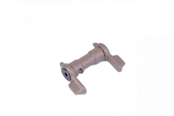 AR-15 ambidextrous safety selector in matte tan, dual levers for left/right-hand operation.