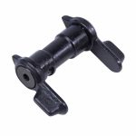 AR-15 ambidextrous safety selector lever, precision-engineered black metal component for reliable firearm use.