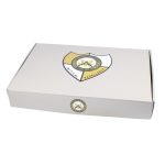 White shipping box with shield logo, minimalist design, ideal for retail packaging.