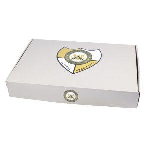 White shipping box with shield logo, minimalist design, ideal for retail packaging.