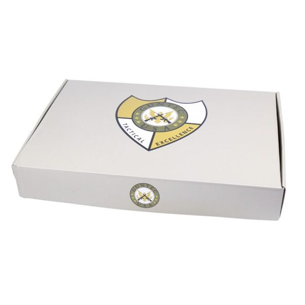White shipping box with shield logo, minimalist design, ideal for retail packaging.