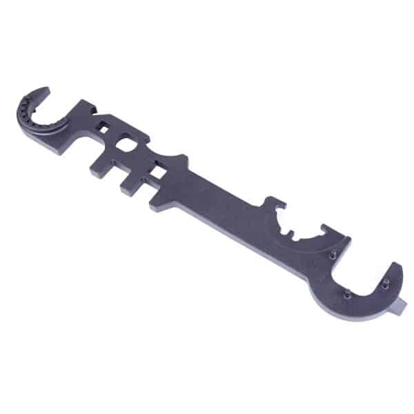 Multi-functional armorers wrench for AR-15 and AR.308 maintenance with hooks and cutouts.