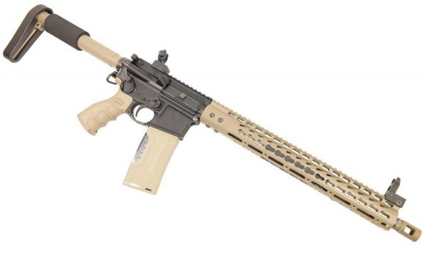 Two-tone AR-15 rifle with collapsible stock, modular handguard, and desert tan accents.