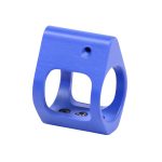 Blue anodized AR-15 gas block, lightweight, skeletonized design for precision and custom applications.