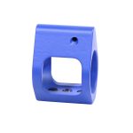 Cobalt blue anodized CNC AR-15 gas block, aluminum, with a matte finish and precise machining.