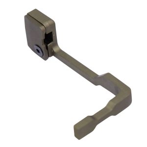 Olive-green AR-15 bolt catch lever, precision-crafted for reliable firearm function.